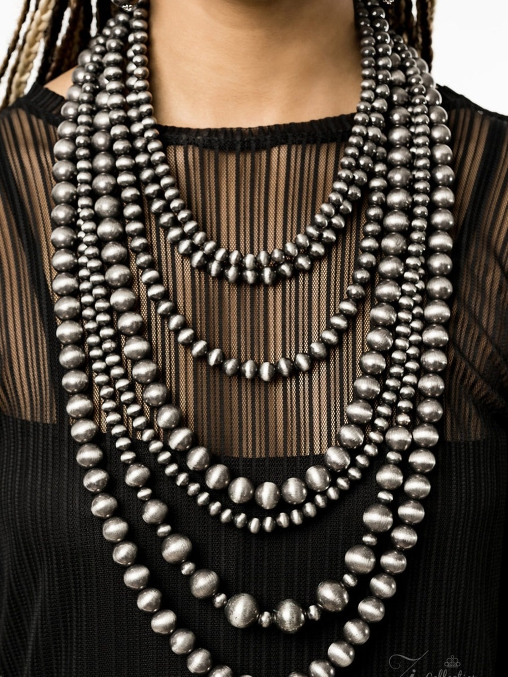 Layered Metallic Bead Necklace - Silver Multi-Strand